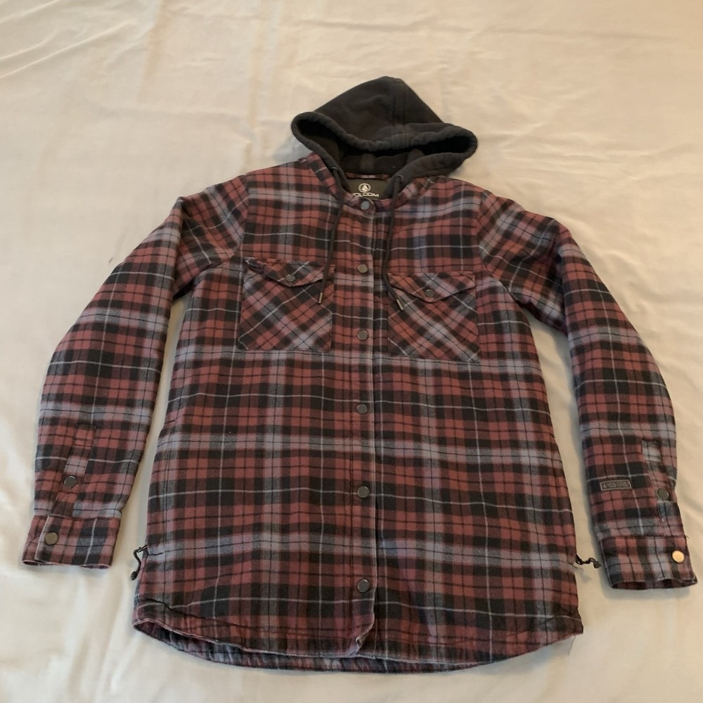 Volcom Jacket Mens Medium Red Plaid Heavy Flannel Hooded Snap Parka Lined Skate